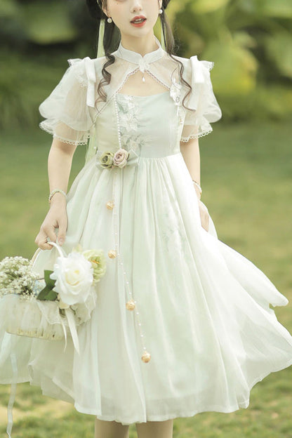 Sleeveless Lily Embroidery Cute Lolita JSK Dress in Mint Green