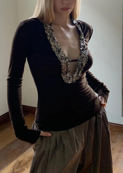 Spring U Neck Boho Coffee Top Sequins Silk