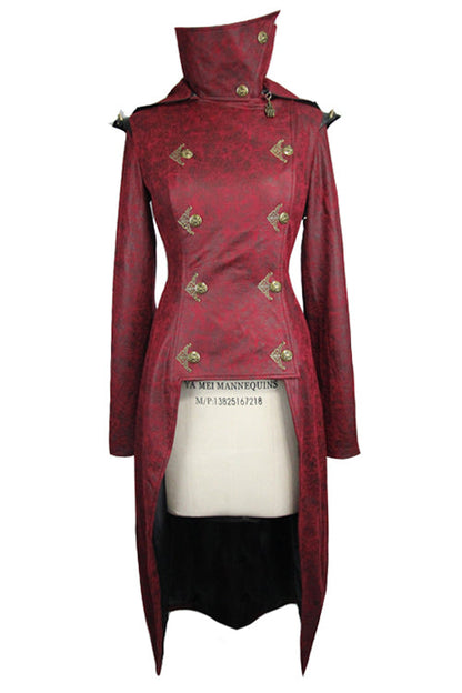 Crimson Punk Leather Coat with Asymmetric Hem and Long Back