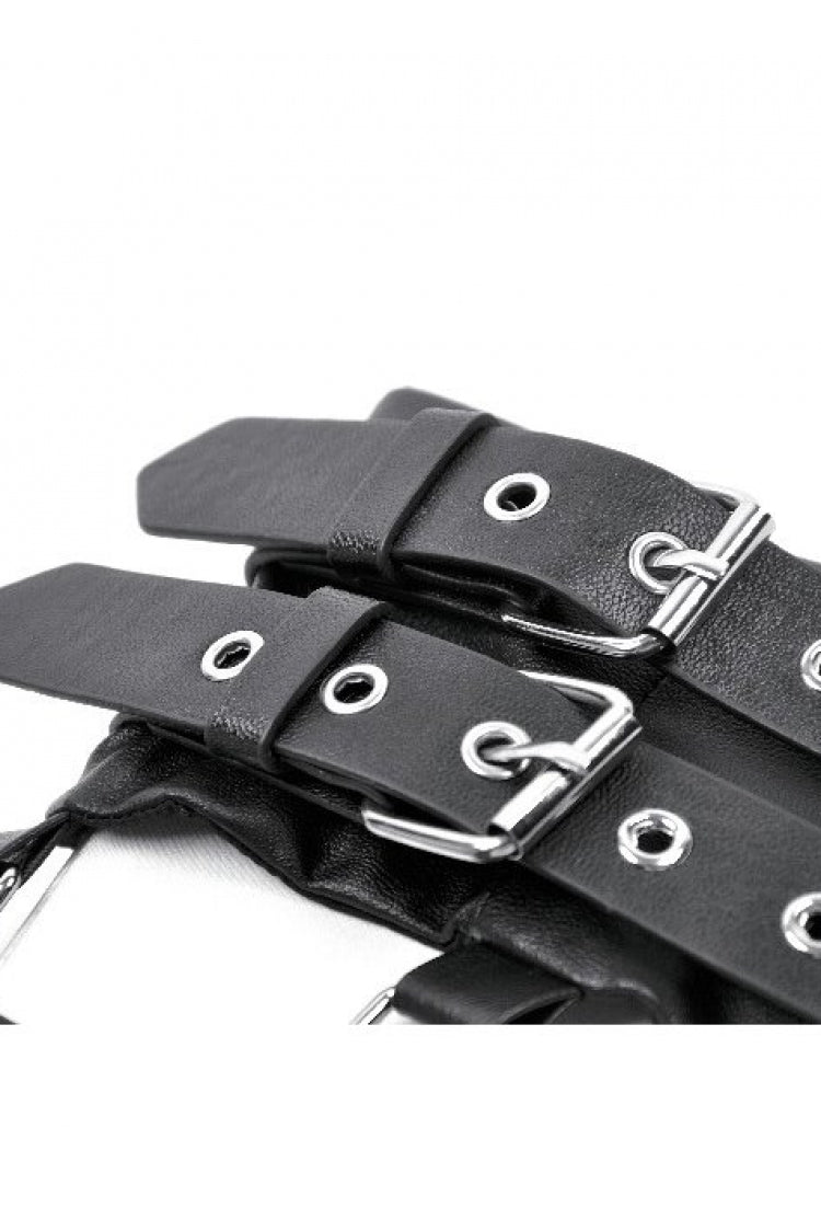 Women's Punk Leather Belt with Eyelet Buckle, Zipper and Side Pouches