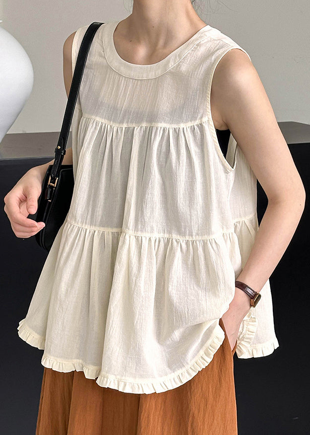 Beige Ruffled Solid Cotton Tops O Neck Summer AF1048