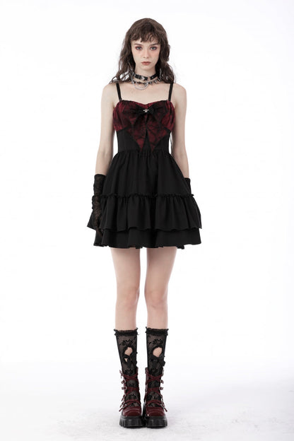 Crimson & Obsidian Sleeveless Bowknot Lace-Up Double-Layered Frilly Gothic Slip Graduation Dress