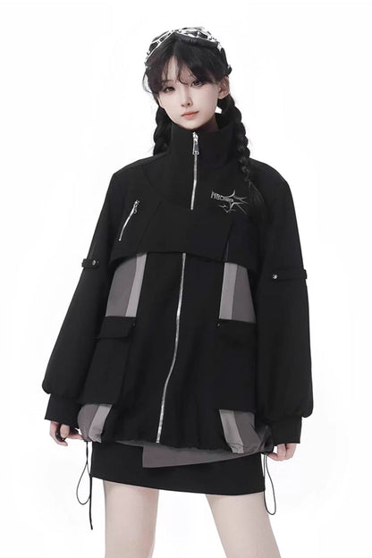 Ebony Techwear Paneled Zip Skirt & Jacket Set - Holographic Cruise