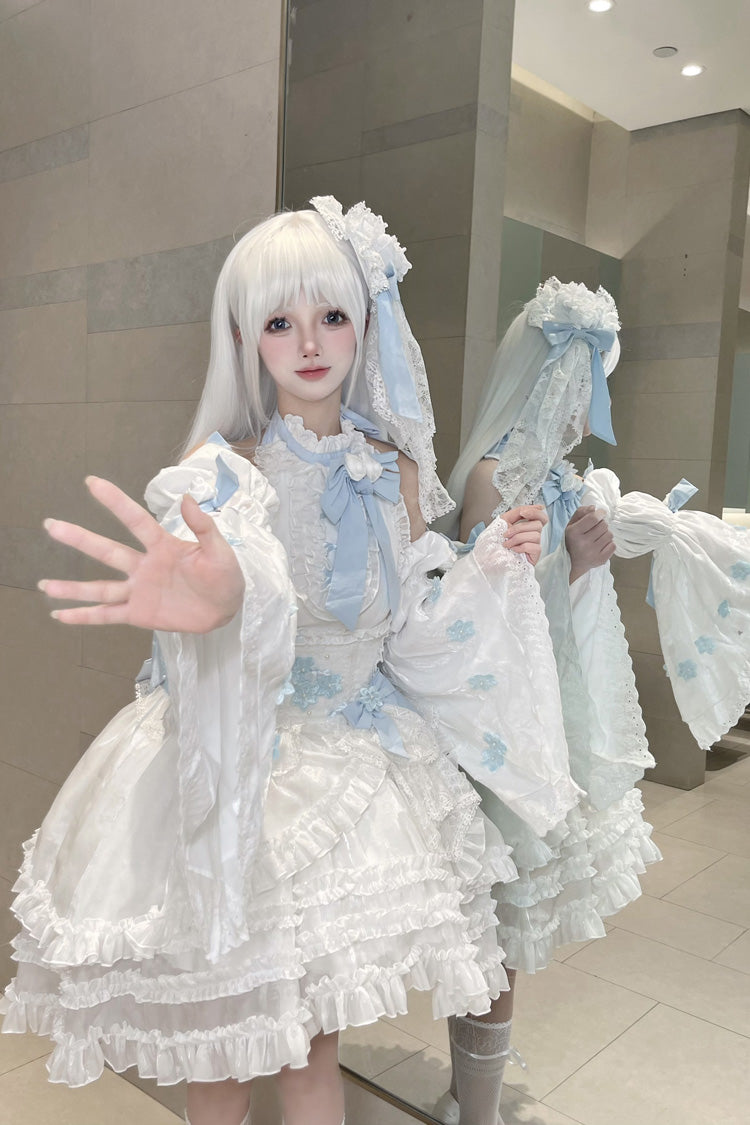 Ivory Detachable Flared Sleeves Triple Ruffles Bow Lace Lolita Dress