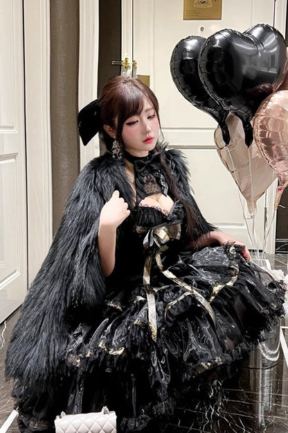 Gothic Princess Dress with Halterneck and Triple Ruffle Lace in Black