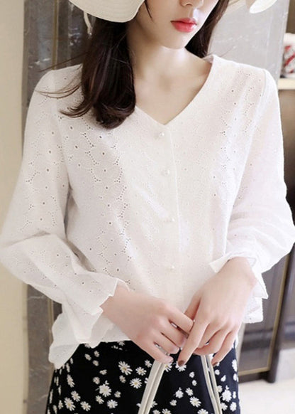 Flare Out French Hollow White V Embroidered Neck Cotton Top
