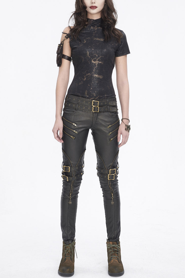 Graphic Spaghetti-Strap Punk Top with Buckle Accents