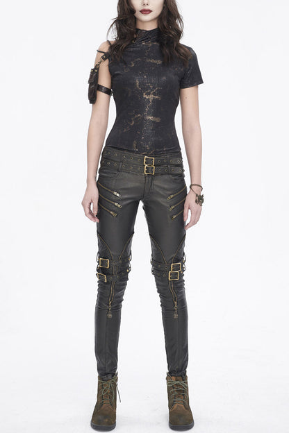 Graphic Spaghetti-Strap Punk Top with Buckle Accents