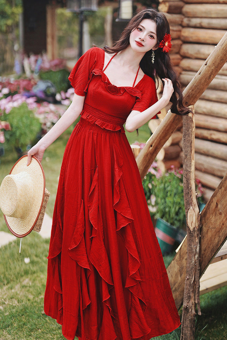Crimson Halterneck Vintage Lolita Long Skirt Set with Ruffles