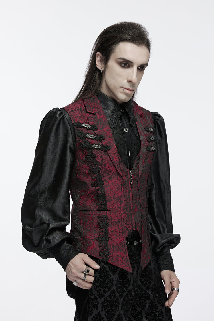 Crimson Gothic Waistcoat with Jacquard Weave and Zip Closure