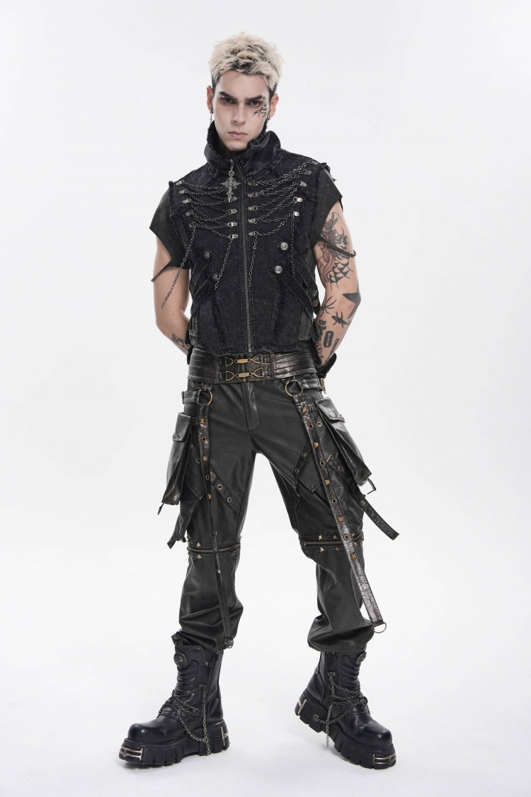 Edgy Black Punk Vest for Men, Sleeveless with Zippers and Chain Accents