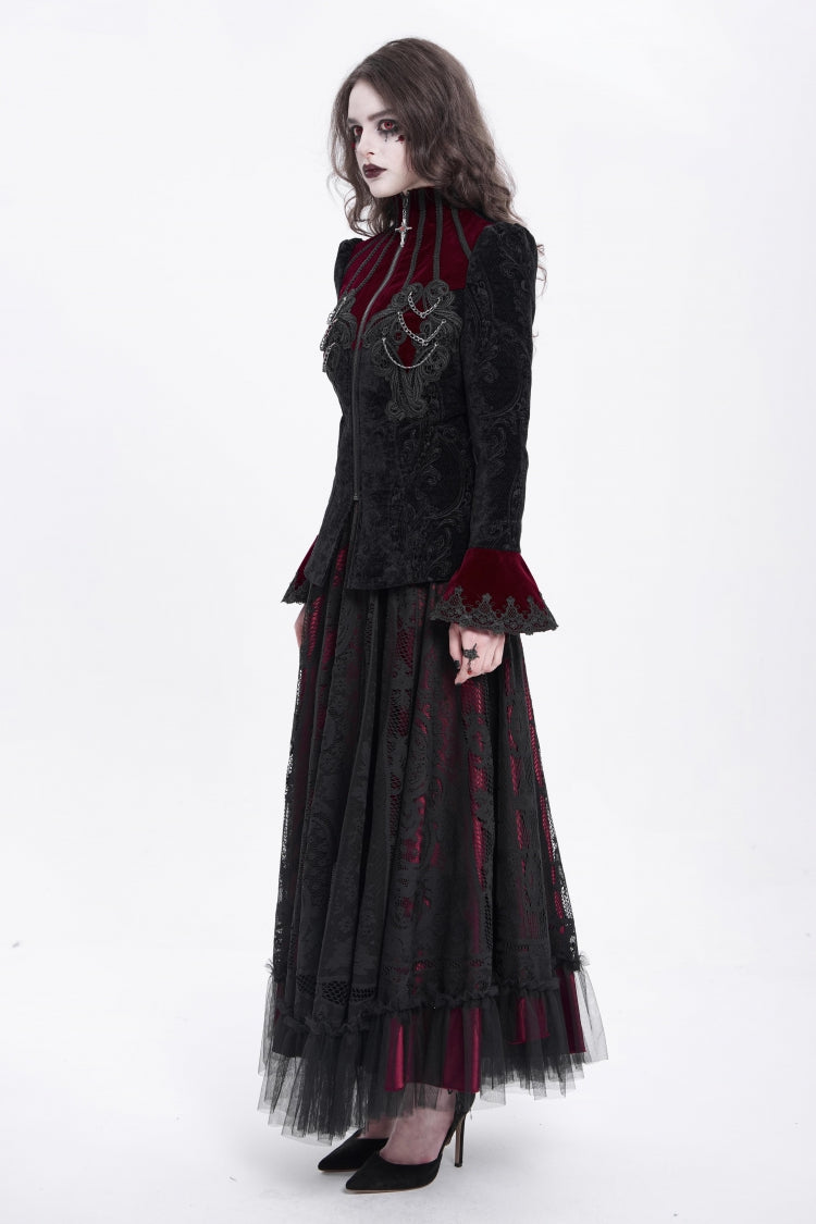Crimson & Obsidian Stand Collar Long Trumpet Sleeves Embroidery Gothic Jacket