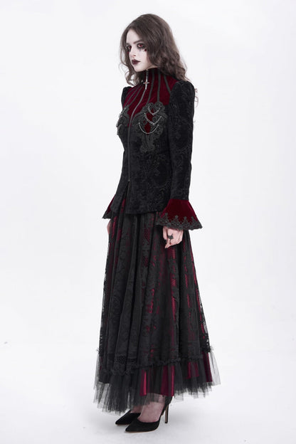 Crimson & Obsidian Stand Collar Long Trumpet Sleeves Embroidery Gothic Jacket