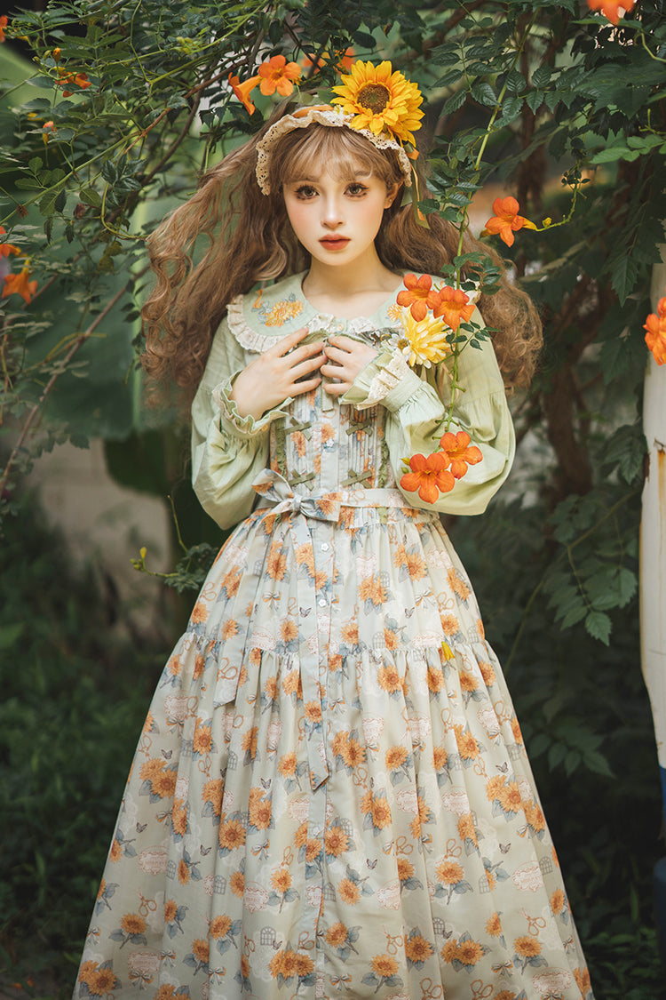 Emerald Sleeveless Sunflower Ruffle Bow Sweet Lolita Jumper Dress