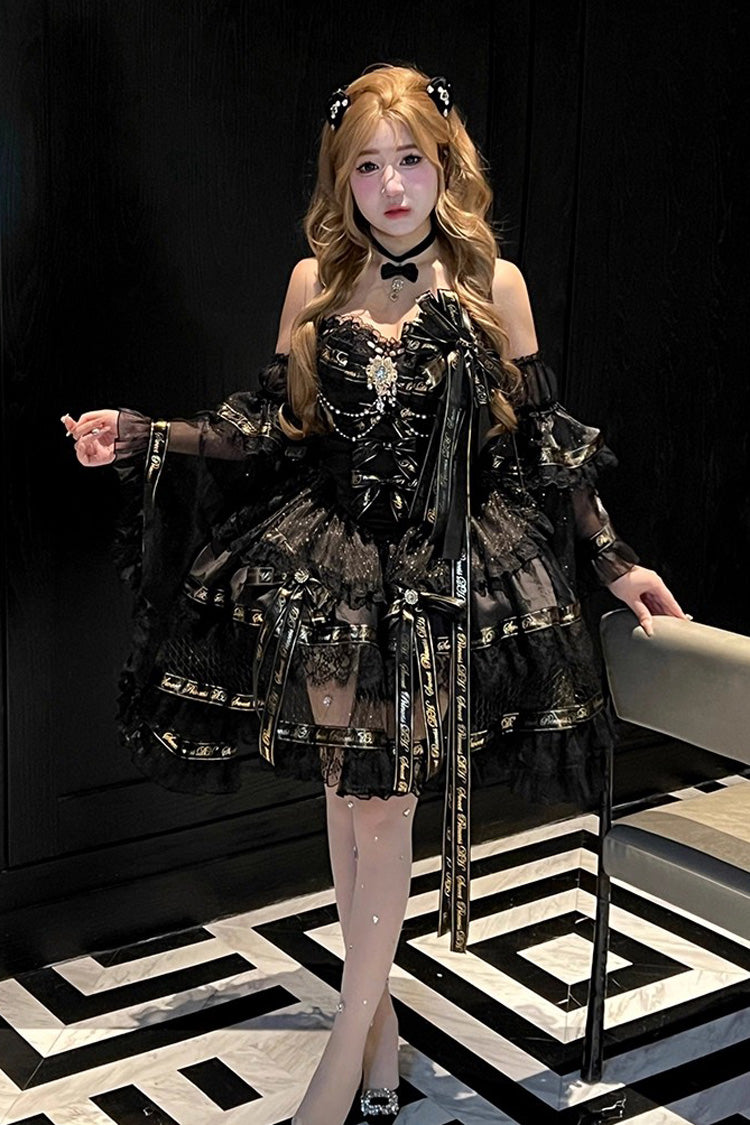 Ebony Sleeveless Tiered Bow Pearl Princess Gown - Golden Obsidian Night