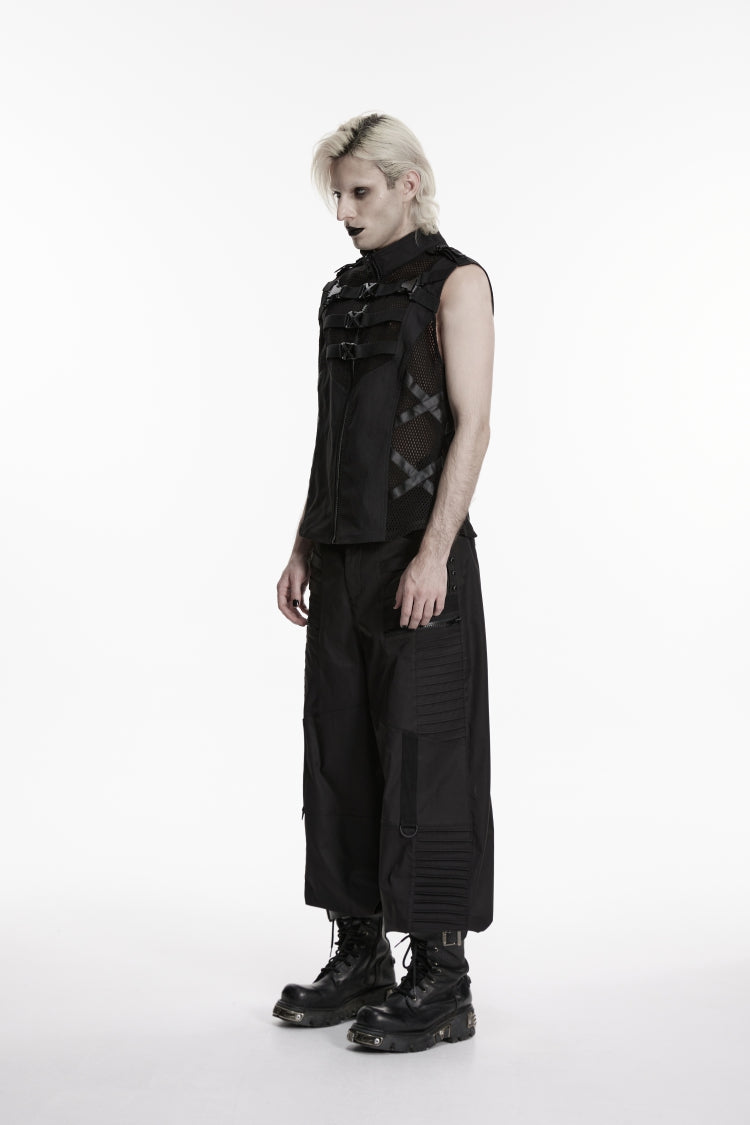 Mesh Cut-Out Punk Vest with Buckles and Eyelets for Men