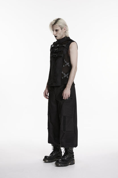 Mesh Cut-Out Punk Vest with Buckles and Eyelets for Men