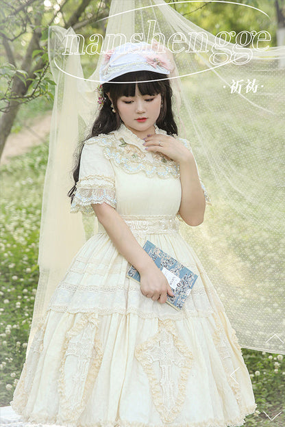 Plus Size Sweet Lolita OP Gown with Floral Embroidery, Lace Cross & Round Collar