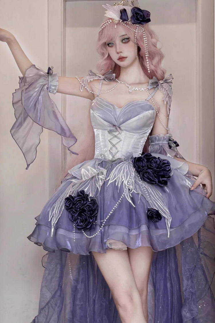 Embroidery Bowknot Lace-Up Sweet Ballet Lolita JSK Dress in Misty Purple Swan Wonderland - Short