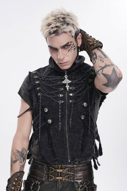 Edgy Black Punk Vest for Men, Sleeveless with Zippers and Chain Accents