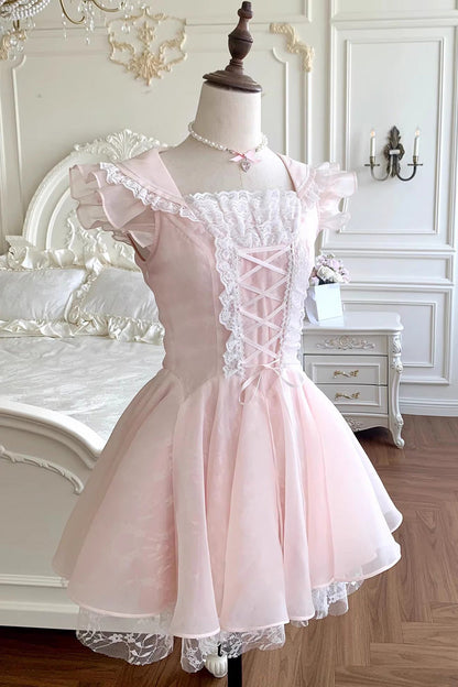 Blush Square Collar Ruffle Lace-Up Princess Ballerina Dress - Floral Letter
