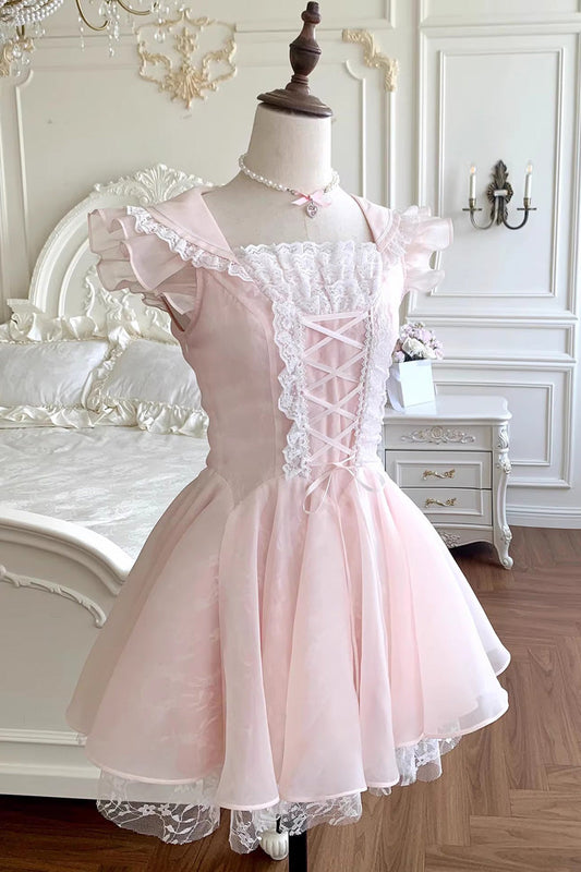 Blush Square Collar Ruffle Lace-Up Princess Ballerina Dress - Floral Letter