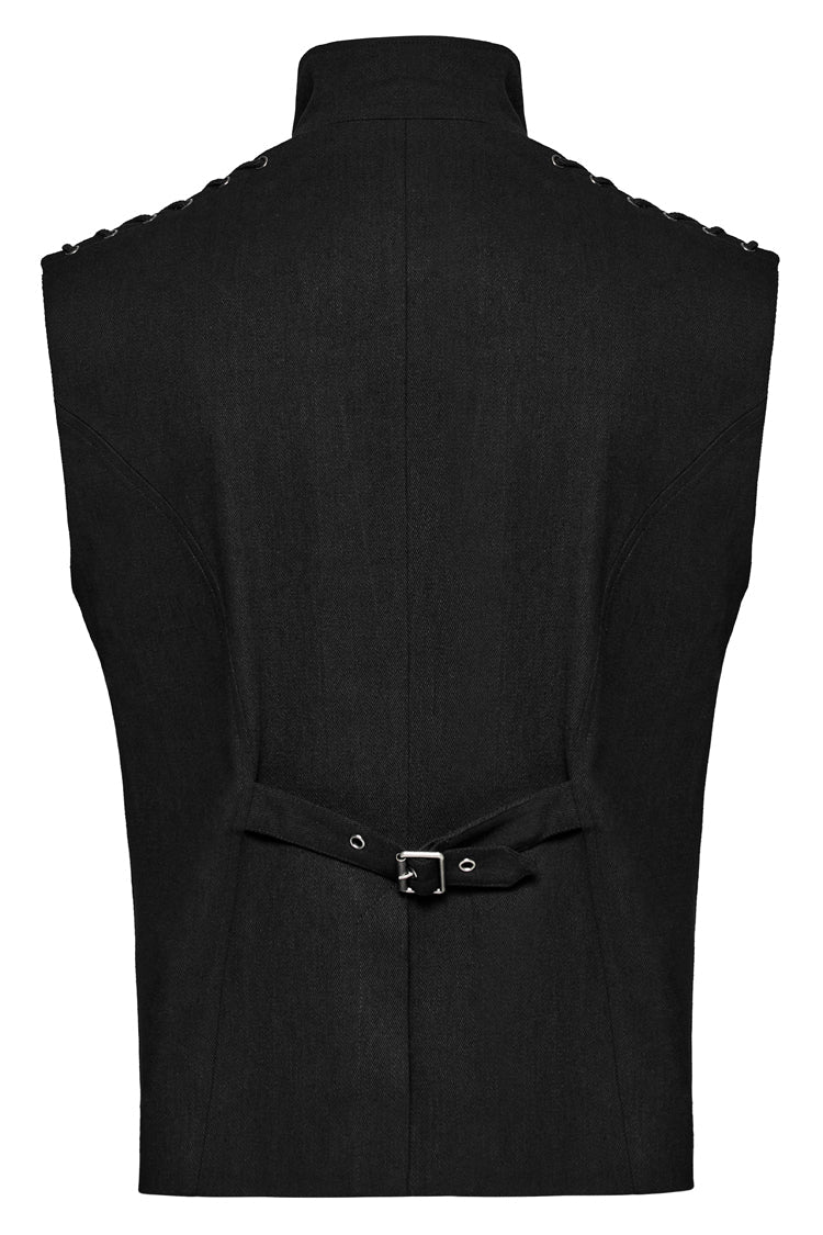 Slim-Fit Black Gothic Vest, Mandarin Collar with Stitch Detailing for Men