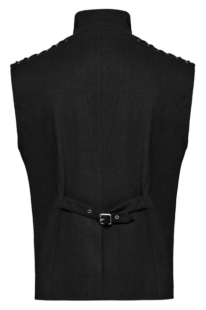 Slim-Fit Black Gothic Vest, Mandarin Collar with Stitch Detailing for Men