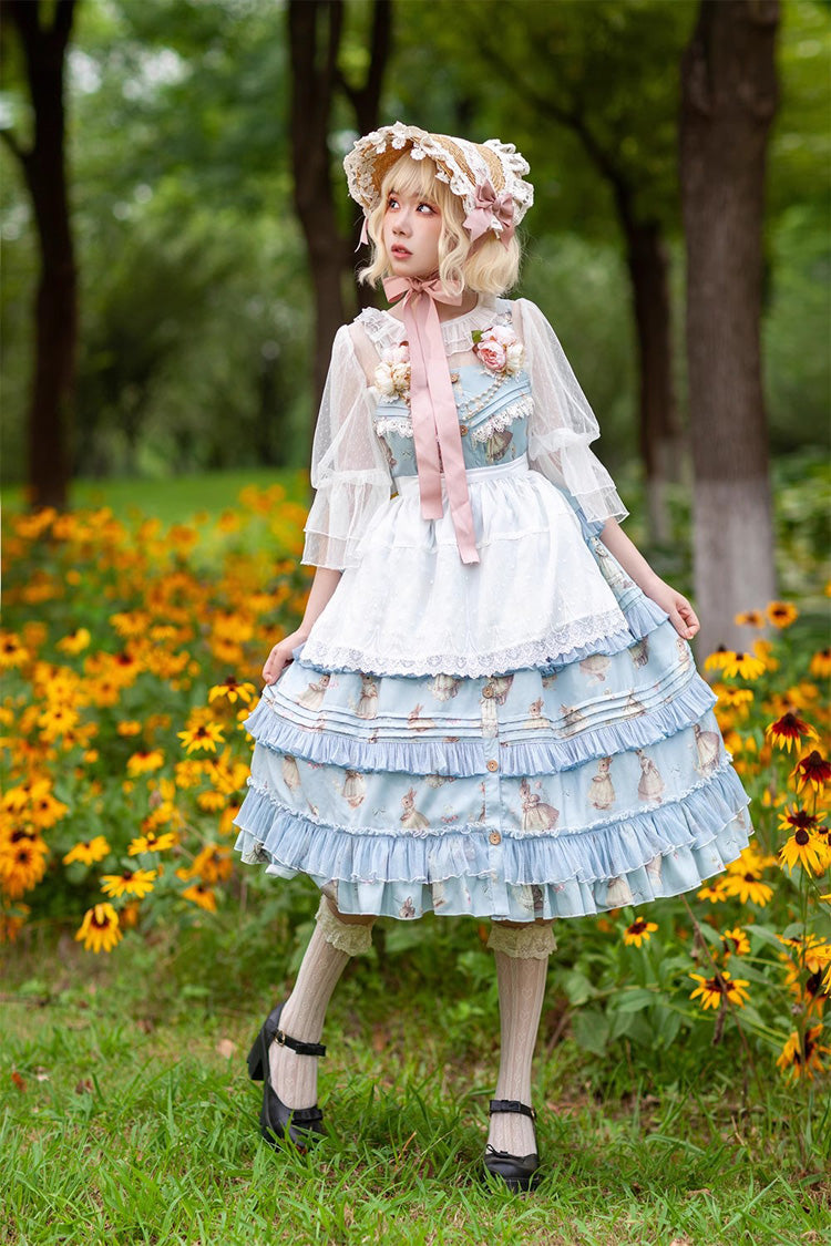 Multi-Layer Ruffle Sweet Elegant Lolita JSK Dress with Rabbit Dance Print - 4 Colors