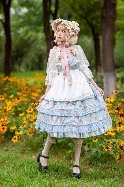 Multi-Layer Ruffle Sweet Elegant Lolita JSK Dress with Rabbit Dance Print - 4 Colors