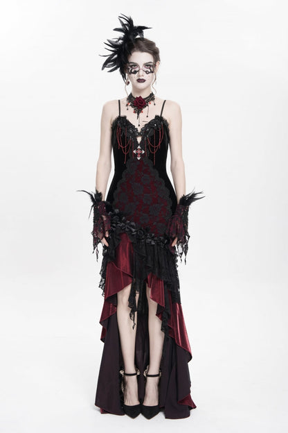 Crimson & Obsidian Sleeveless Cross Ruffled Floral Embroidered Chain-Decorated Gothic Long Slip Dress