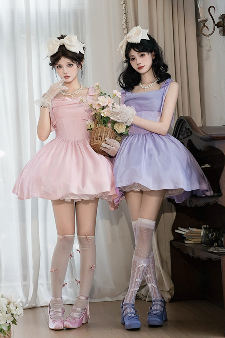 Blush Sleeveless Ruffle Bow Fishbone Sweet JSK - Foamy Sea
