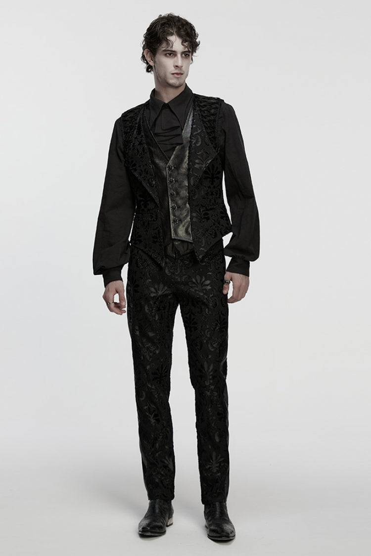Ebony Long-Sleeve V-Neck Floral Embroidered Men's Gothic Vest