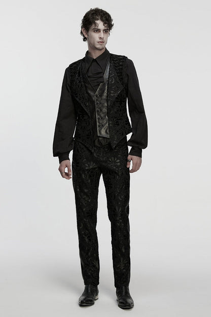 Ebony Long-Sleeve V-Neck Floral Embroidered Men's Gothic Vest