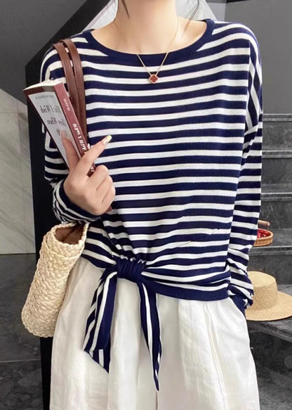 Spring O T Lace Striped Black Up Loose Neck Cotton Shirt