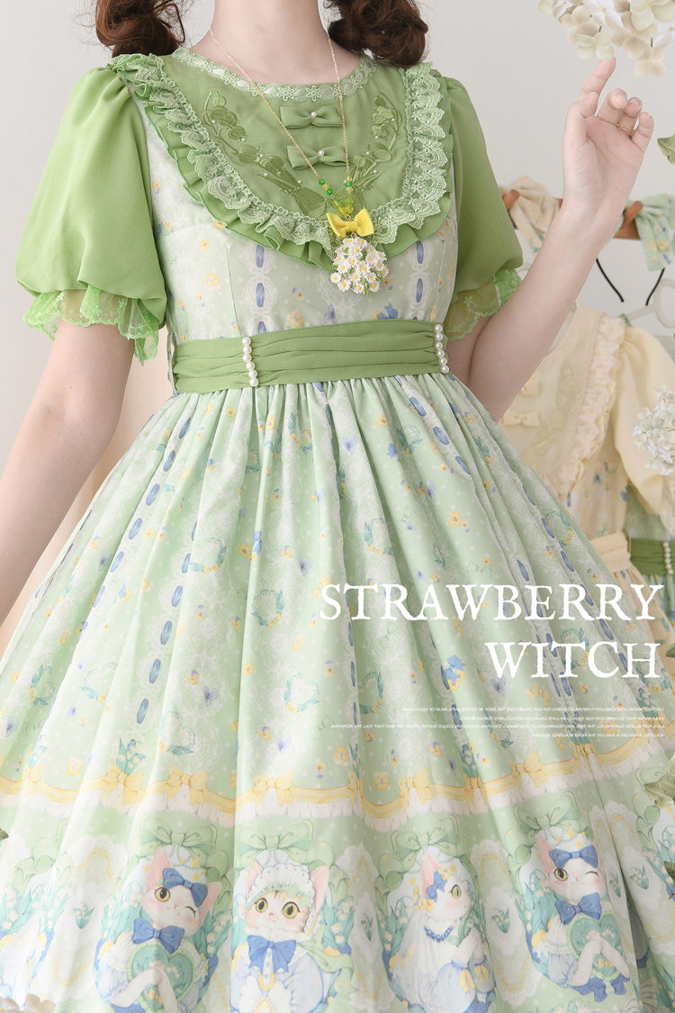 Emerald Lily Valley Cat Printed Embroidery Bowknot Sweet Dress