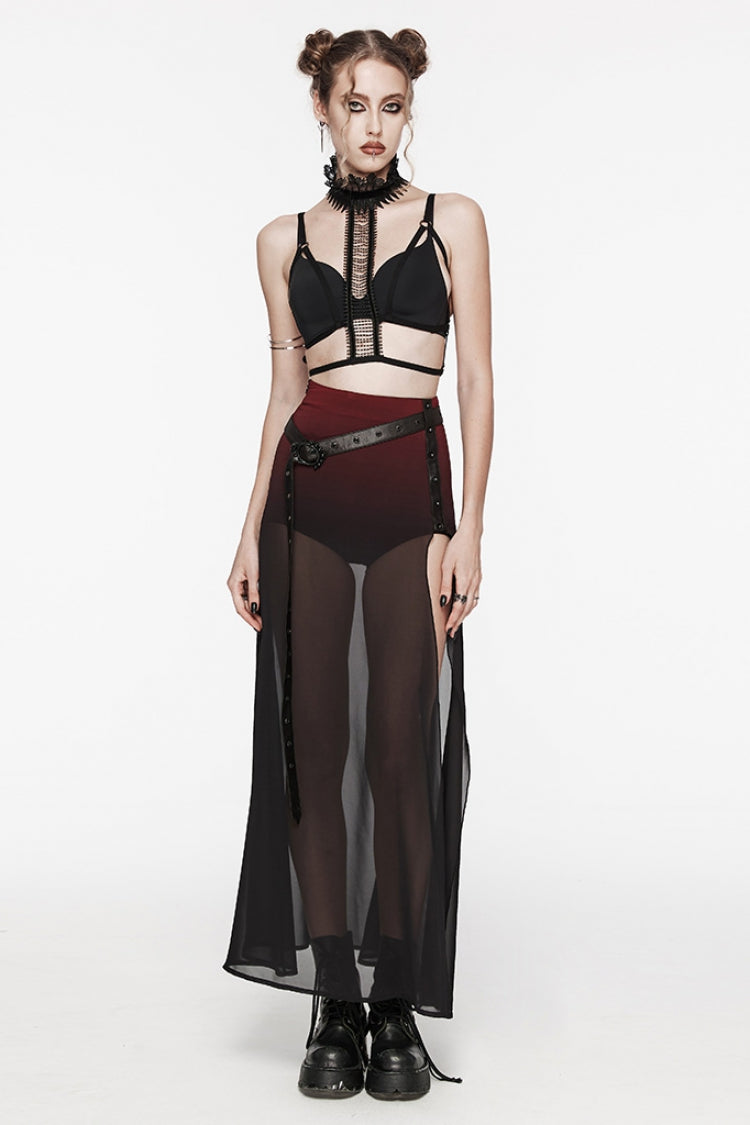 Crimson & Charcoal Studded Asymmetrical Goth Midi Skirt with Waist Chain