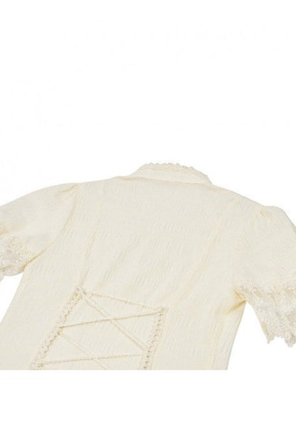 Gothic Women's Blouse with Puff Sleeves, Sheer Lace-Up & Detachable Bow