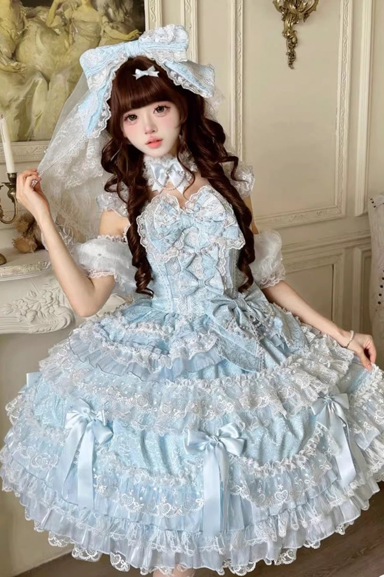 Azure Misty Moon Sleeveless Ruffled Bow Pearl Lace Sweet Princess Lolita Jumper Dress