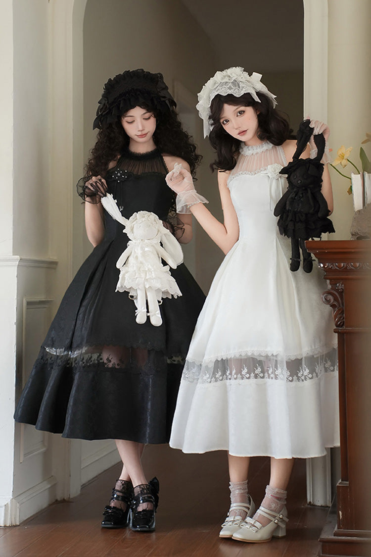 Elegant Lolita Dress with Off-Shoulder Neckline and Ruffle Print in Black