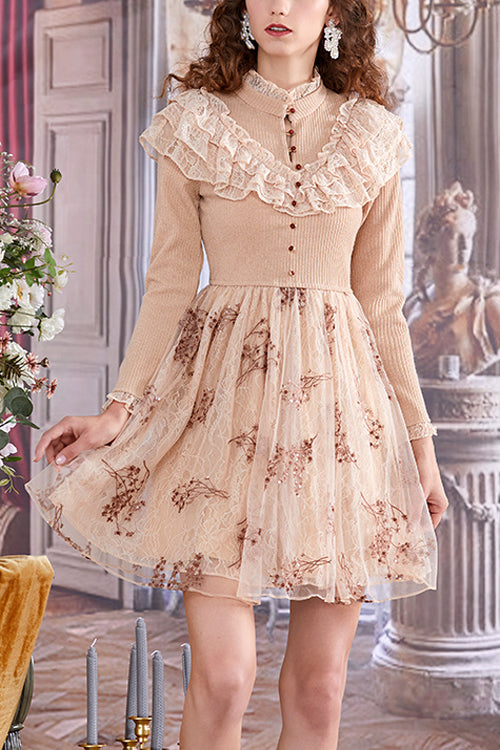 Sweet Lolita OP Dress with Lace Knit, Mesh Embroidery & High Waist, Cream