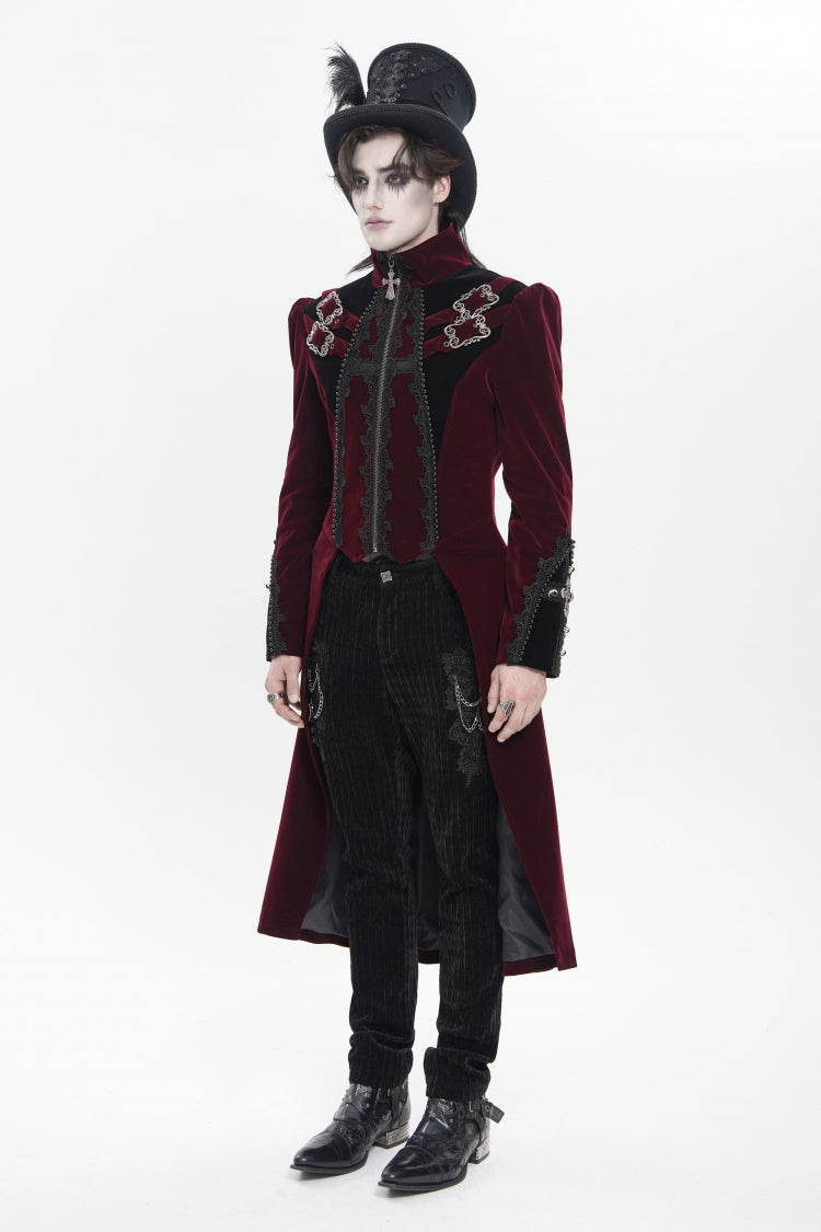 Crimson High-Neck Gothic Palace Jacket with Color Block and Embroidery