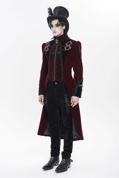 Crimson High-Neck Gothic Palace Jacket with Color Block and Embroidery