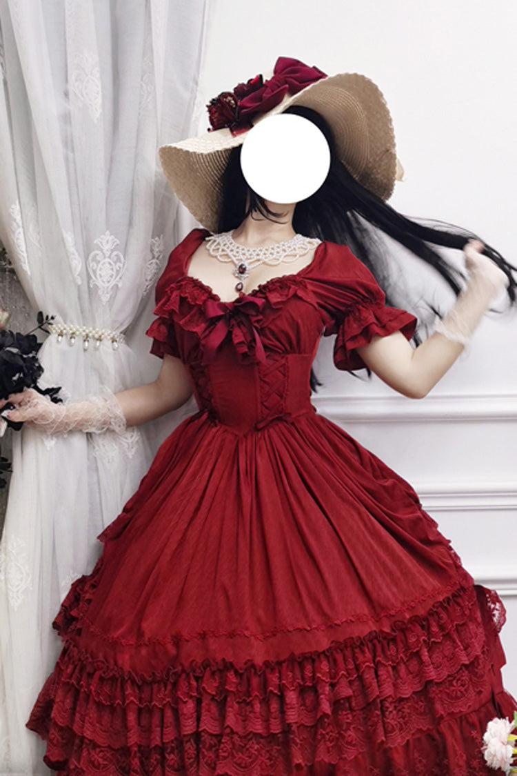 Crimson Vintage Lolita Dress with Puff Sleeves and Layered Ruffles
