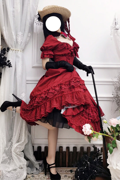 Crimson Vintage Lolita Dress with Puff Sleeves and Layered Ruffles