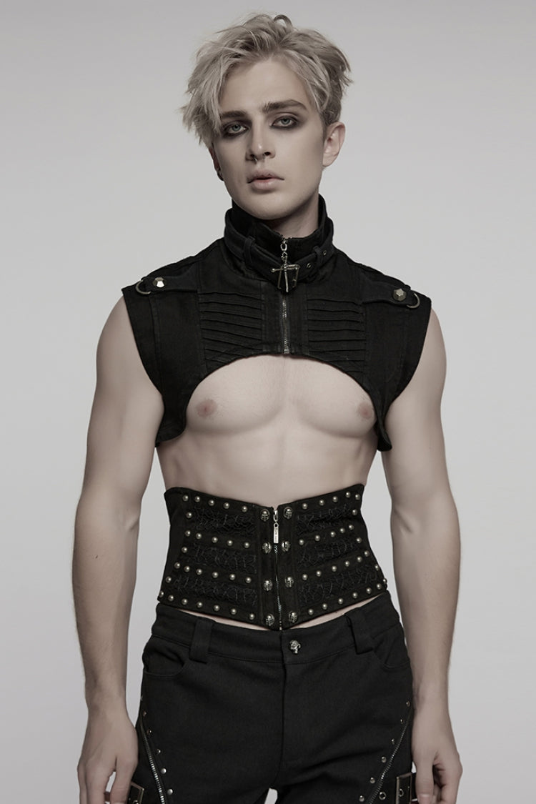 Men's Black Punk Cape, Sleeveless with Rivets and Zipper