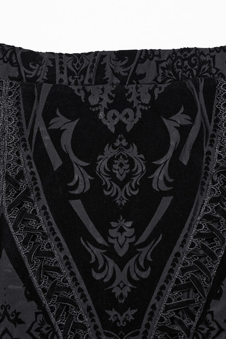 Sheer Mesh Lace-Up Embroidered Gothic Skirt for Women in Black