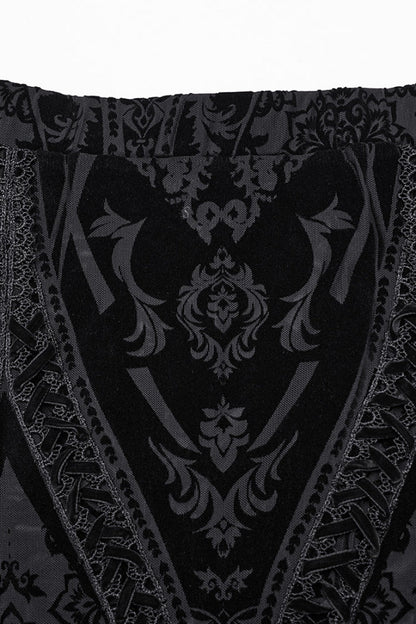 Sheer Mesh Lace-Up Embroidered Gothic Skirt for Women in Black