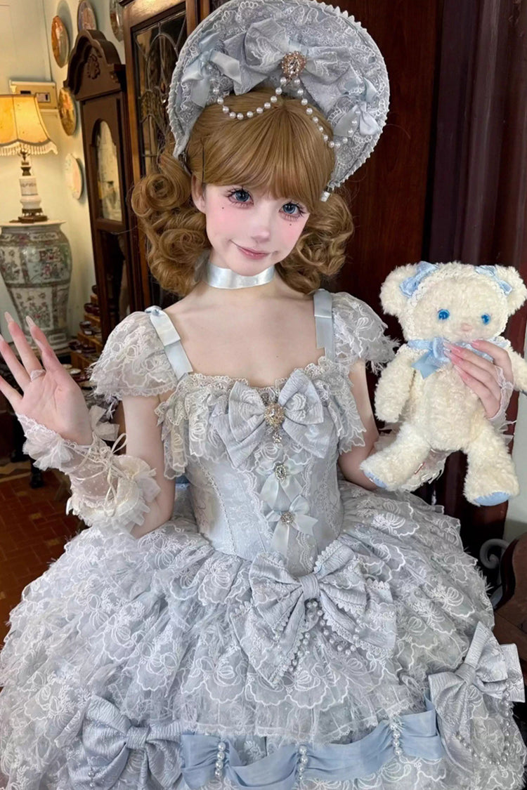 Azure Cloudborne Snowfeather Sleeveless Multi-Layered Hanayome Bow Pearl Gothic Lolita Jumper Dress