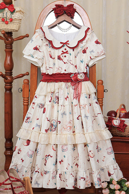 Ivory Apple Tea Print Short-Sleeve Country Ruffle Bow Sweet Lolita Dress Plus Size